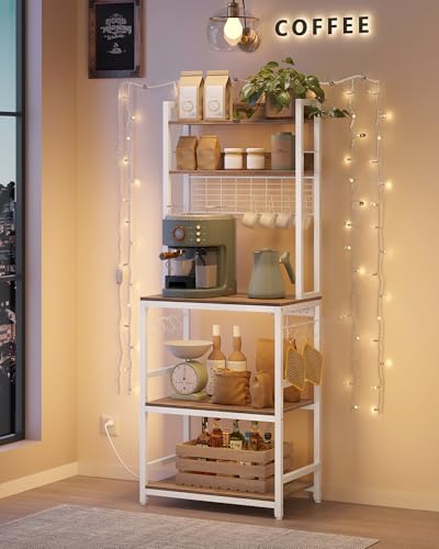 VASAGLE Bakers Rack with Power Outlet, Microwave Stand, Kitchen Tall Utility Storage Shelf, with Metal Wire Panel, 14 Hooks, 15.7 x 23.6 x 66.9 Inches, Rustic Walnut and Cloud White UKKS037W41 - color: Rustic Walnut + Cloud White, size: 23.6"W