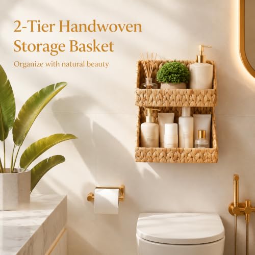 Pumtus 2-tier Handwoven Storage Basket, Water Hyacinth Standing Rack, Kitchen Countertop Organizer, Hanging Bathroom Basket, Fruit Vegetable Holder, Storage Shelf for Home Organization