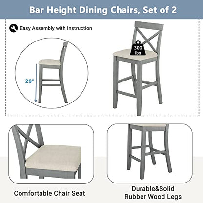 Farmhouse Rustic 3-Piece Counter Height Wood Kitchen Dining Sets, Home Bar Pub Kitchen Set, 48'' Long Bar Table with 2 Upholstery Chairs for Small Places - color: Gray-3-piece