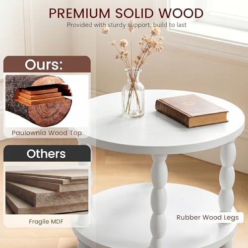 Small Round Side Table, 3-Tier Solid Wood End Table with Storage Shelf, Modern Bedside Tables Night Stand for Living Room, Bedroom, College Dorm, Small Space (White) - color: White