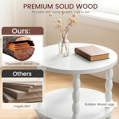 Small Round Side Table, 3-Tier Solid Wood End Table with Storage Shelf, Modern Bedside Tables Night Stand for Living Room, Bedroom, College Dorm, Small Space (White) - color: White