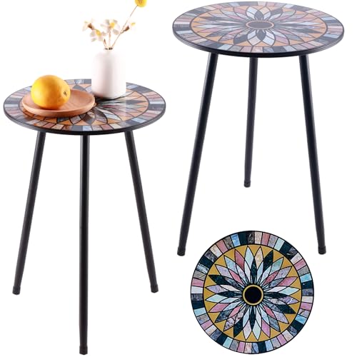 Party Zealot Metal Mosaic Round Side Tables Set of Two 13.4" Small Outdoor Patio Round Accent Coffee Tables Indoor Corner Stand for Small Spaces Weather-Resistant for Balcony Plant Stand - color: Brown Mixed Yellow, style: 2 packs/ 13.4 in