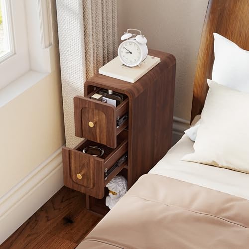 Narrow Nightstand with 2 Drawers, Small Bedside Tables, Mid-Century Modern Slim Night Stand with Storage, Wooden End Table for Small Spaces, Bedroom, Living Room (Walnut-1PCS) - color: 2drawers-walnut-1pcs