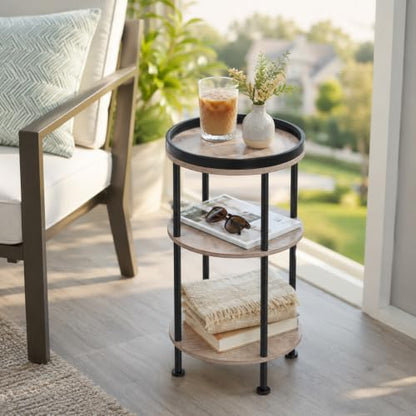Small Round Side Table, Oak Round End Table for Living Room & Bedroom, Modern 3-Tier Nightstand with Storage Shelf, 11.8" Narrow Accent Table for Small Spaces, Nursery, Plant Stand,Natural Wood Finish - color: Oak, style: Classic