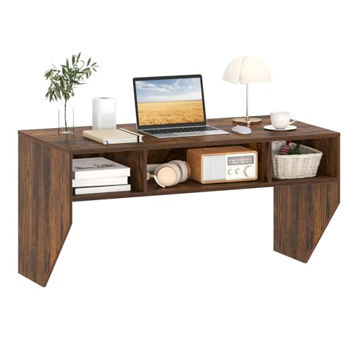 Giantex Wall-Mounted Computer Desk, Floating Laptop Desk with 3 Storage Compartments, Space-Saving Home Office Workstation Vanity Table for Bedroom, Study, Living Room (Rustic Brown) - color: Rustic Brown