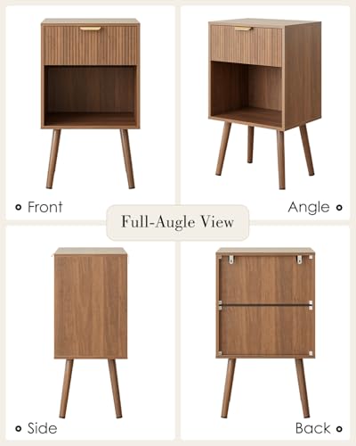 Fluted Nightstand, Modern Bedside Table with Storage Drawer, Wood Night Stand Side End Table for Bedroom, Living Room, Office (Walnut) - color: Walnut