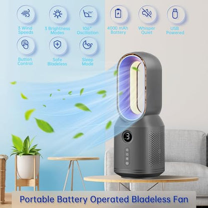 Desk Fan,13 Inch Portable Bladeless Fan, Small Quiet Office Fan with 106° Oscillating, 3 Speeds & Night light, LED Display,Button Control, Personal Battery Operated Table Fan for Bedroom, Office, Home - color: Purple