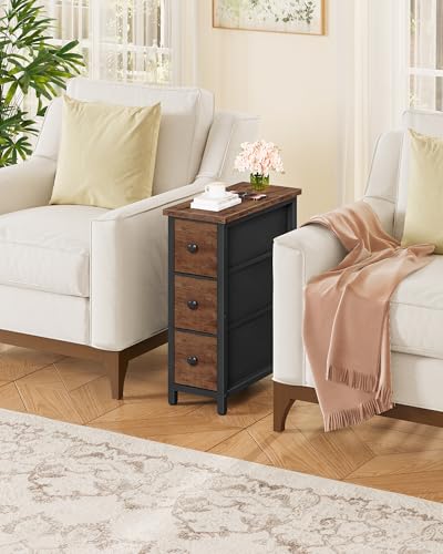 CHOEZON Narrow Side Table with 3 Fabric Drawers, Industrial Slim Bedside Table for Small Spaces, Bedroom, Living Room, Dormitory, Rustic Brown and Black TBZ09BF - color: Rustic Brown + Black