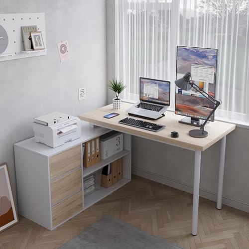 Home Office Computer Desk Corner Desk with 3 Drawers and 2 Shelves, 53-inch L-Shaped Study Desk with Storage, White + Walnut - color: White + Walnut