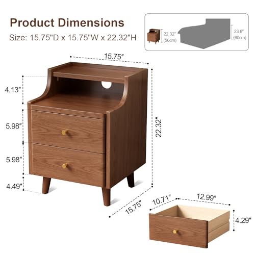 Narrow Nightstand with 2 Drawers,Walnut Nightstand,Bedside Table,Solid Wood Modern Bedside Table for Bedroom,Study,Toilet - color: Walnut, size: 15.75"D x 15.75"W x 22.32"H(2 Drawers)