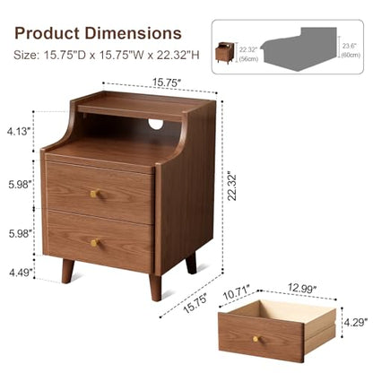 Narrow Nightstand with 2 Drawers,Walnut Nightstand,Bedside Table,Solid Wood Modern Bedside Table for Bedroom,Study,Toilet - color: Walnut, size: 15.75"D x 15.75"W x 22.32"H(2 Drawers)