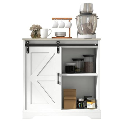 Panana Sliding Barn Door Buffet Sideboard Storage Cabinet Coffee Bar Kitchen Farmhouse Style (White Cabinet Nature Top) - color: White Cabinet Nature Top