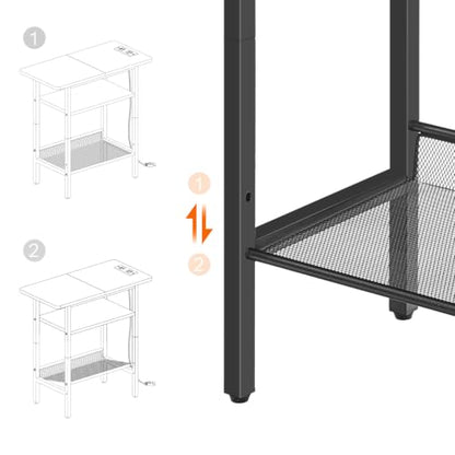 HOOBRO Side Table, Narrow End Table with Shelf and Charging Station, 3-Tier Bedside Tables with Wide Storage Tabletop for for Small Spaces, Living Room, Bedroom, Rustic Brown and Black BF366UBZ01 - color: Rustic Brown + Black