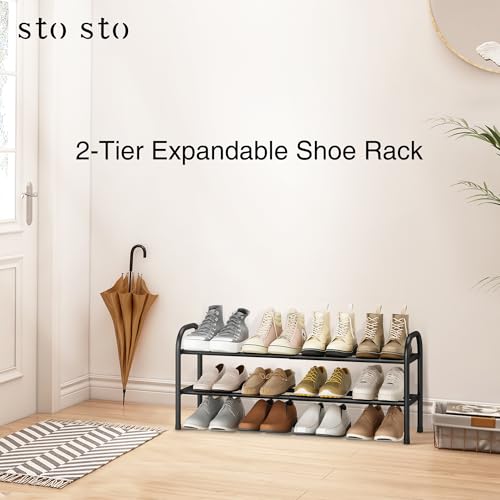 STO STO Expandable Shoe Rack, 2-Tier Metal Small Shoe Rack for Closet, Up to 12 Pairs Adjustable Shoe Rack Storage for Front Door Entrance, Free Standing Shoe Rack Organizer for Entryway, Black - size: 2-Tier