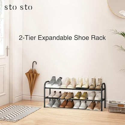 STO STO Expandable Shoe Rack, 2-Tier Metal Small Shoe Rack for Closet, Up to 12 Pairs Adjustable Shoe Rack Storage for Front Door Entrance, Free Standing Shoe Rack Organizer for Entryway, Black - size: 2-Tier