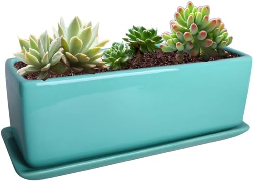 Vencer 14 Inch Rectangular Modern Minimalist Ceramic Succulent Planter Pot - Window Box with Saucer,Office Desktop Potted Stand,Turquoise,VF-0173T | Modern Minimalist, Window Box with Saucer, Office Desktop Potted Stand, VF-0173T - color: Turquoise, size: