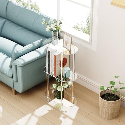 Clear Acrylic Narrow Side Table Set of 2 for Small Spaces, 15.75" L x 7.87" W x 26.7" H, 3 Tier Oval Slim End Table Nightstand, Small Minimalist Skinny Bedside Table for Bedroom, Living Room - size: 3 Tier 2-Pack 26.7"H