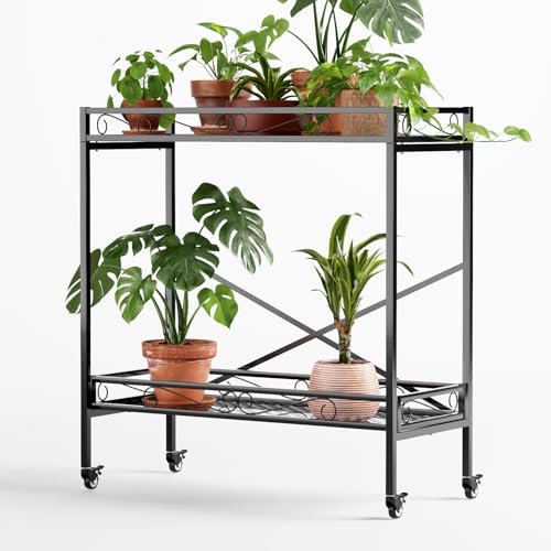 Zhongma 2 Tier Window Height Sturdy Metal Plant Stand with Wheels, 36.6x16x39.4 Inch High, Heavy Duty Succulent Shelf for Home Indoor and Outdoor, 440 LBS Capacity & Heavy Duty Construction - color: 2 Tier 36.6 x16x39.4 Inch High