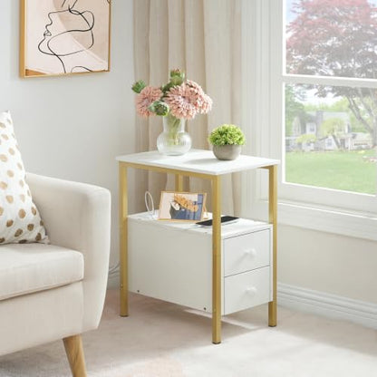 HOOBRO End Table with Charging Station, Narrow Side Table with 2 Drawer & USB Port & Power Outlets, Nightstand for Small Spaces, Stable and Sturdy, for Living Room, Bedroom, Gold and White DW541BZ01 - color: Gold + White