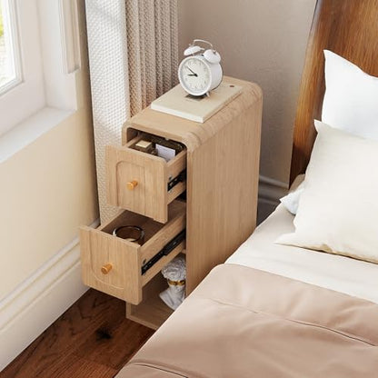 Narrow Nightstand with 2 Drawers, Small Bedside Tables, Mid-Century Modern Slim Night Stand with Storage, Wooden End Table for Small Spaces, Bedroom, Living Room (Natural-1PCS) - color: 2drawers-natural-1pcs