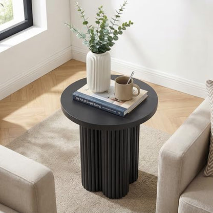 Round Fluted End Table, 17.7'' Mid Century Modern Side Table, Circle Bedside Tables Drink Table Wood Nightstand for Small Spaces, Living Room (Black-1PCS) - color: Black-1pcs