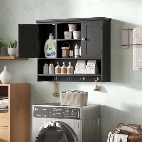 Bathroom Wall Cabinet with Doors and Hooks, 3-Tier Wall Mounted Cabinet | Modern Medicine Cabinet with 3 Open Shelves, Over the Toilet Storage Cabinet for Kitchen, Laundry Room, Living Room, Black - color: Black