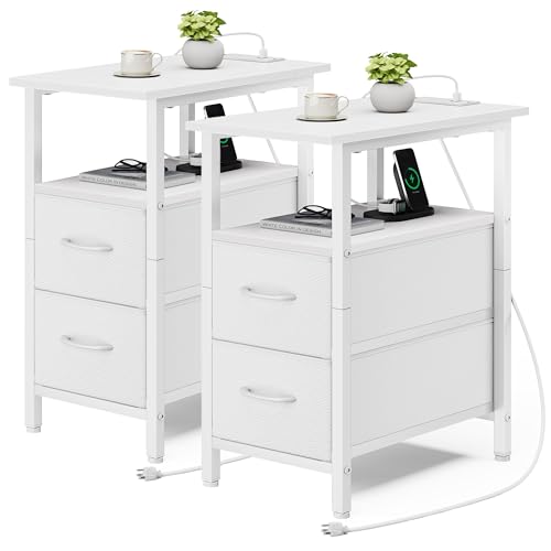 Vagusicc End Table with Charging Station Set of 2, Narrow Side Table, 23.8'' Tall Nightstand with 2 Drawers, Small Sofa Side Table Narrow Nightstand for Small Spaces, Living Room, Bedroom, White - color: White, size: 2, style: Ordinary