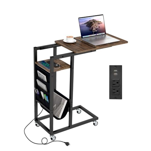 Giantex C Shaped End Table with Charging Station, 27’’H Slide Under Couch Side Table w/Wheels, Outlets & USB Ports, Storage Bag, Small Laptop Sofa TV Tray C Table for Living Room, Rustic Brown