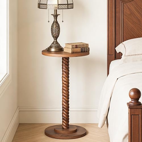 Small Drink Table, Round Pedestal Side Table, Martini Table for Small Spaces, Wooden End Table with Spiral Leg, Plant Stand Accent Table for Living Room, Bedroom, Bathroom, Easy Assembly, Brown - color: Brown
