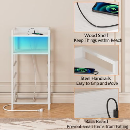 Furnulem White Nightstand with Charging Station,Small Dresser for Bedroom | 4 Drawer Tall Bedside Table with LED light & Remote Control, Metal Frame and Fabric Bins,Wood Desk Top,Easy Assemble for Dorm - color: White