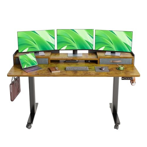 Claiks Standing Desk with Drawers, Adjustable Stand Up Electric Standing Desk Adjustable Height with Storage Shelf and Splice Board, 63 Inch, Rustic Brown - color: Rustic Brown, size: 63×23.6