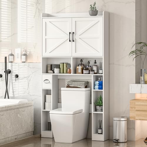 Vabches Over The Toilet Storage Cabinet with Barn Doors, White | Toilet Cabinet Rack, Space Saving Bathroom Organizer with Shelves, Toilet Paper Holder and Towel Rack for Bathroom,Laundry. - color: Unique White