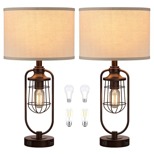 Table Lamps for Living Room Set of 2, Farmhouse Lamps for Night Stands, Industrial Bedside Lamps for Bedroom Nightstand with USB A+C, Bulbs Included - color: Oil-Rubbed Bronze