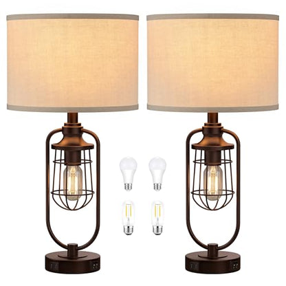 Table Lamps for Living Room Set of 2, Farmhouse Lamps for Night Stands, Industrial Bedside Lamps for Bedroom Nightstand with USB A+C, Bulbs Included - color: Oil-Rubbed Bronze
