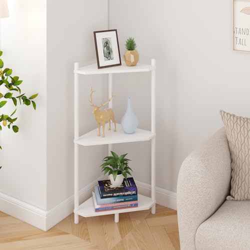 Wisuce White Small Corner Shelf Stand, 3-Tier Bamboo Corner Bookshelf | Space-Saving Narrow Corner Shelf | Bathroom Corner Shelf | Shelves for Bedroom, Living Room, Kitchen & Plant Display - color: White, size: 3 Tier