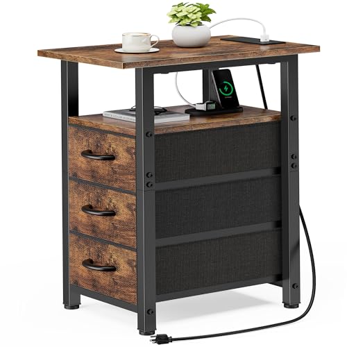 Vagusicc End Table with Charging Station, Narrow Side Table, Narrow Nightstand with 3 Fabric Drawers, Slim Sofa Side Table for Small Spaces, Small Night Stand for Bedroom, Rustic Brown - color: Rustic Brown, size: 1, style: With Power