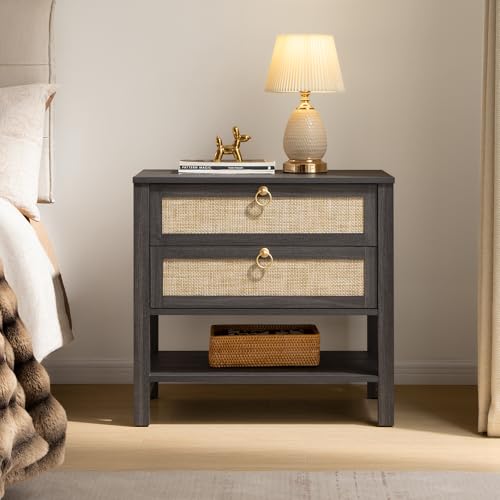 SICOTAS 26.7" Wide Rattan Nightstand with 2 Drawers & Open Shelf End Table | Large Night Stand with Storage Shelf, Coastal Boho Bedside Table for King Bed, Bedroom, Guest Room, Apartment, and End Table - color: Obsidian