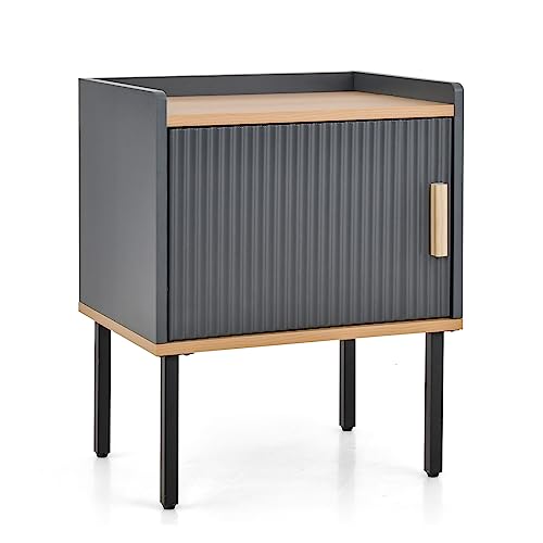Giantex Nightstand with Storage, Bedside Table with Single Door Cabinet, Compact Floor Side Table with Heavy-Duty Metal Legs, Modern End Table for Living Room, Bedroom, Small Space, Gray