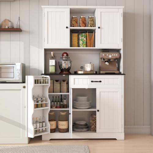Gizoon Kitchen Pantry Cabinet with Microwave Shelf Tall Coffee Bar Cabinet with Doors and Shelves Farmhouse Kitchen Hutch with Storage for Dining Room and Craft Room, Painted White and Black - color: White and Black