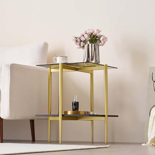 LumFurn Glass End Table, Mid-Century Modern Design Sofa Table, for Living Room, L18 x W18 x H23 in, Clear Glass Top and Walnut MDF Shelf, Sleek Conical Metal Legs with Gold Finish Frame - color: Grey & Black Marble, size: L18" Square End Table