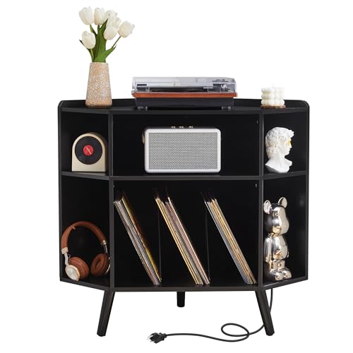 Corner Record Player Stand with Charging Station & USB Ports, 3 Tier Mid Century Modern Vinyl Record Storage Cabinet, Wood Turntable Stand for Music Room, Living Room, Small Space (Black) - color: Small,without Wood Grain,black