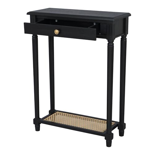 East at Main Lenora Black Narrow Console Table for Entryway with Drawer | 23.75-inch slim hallway table with cane shelf, solid wood frame, French country accent furniture for small spaces - color: Black