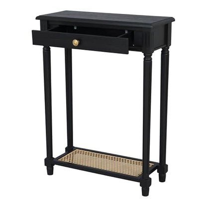 East at Main Lenora Black Narrow Console Table for Entryway with Drawer | 23.75-inch slim hallway table with cane shelf, solid wood frame, French country accent furniture for small spaces - color: Black