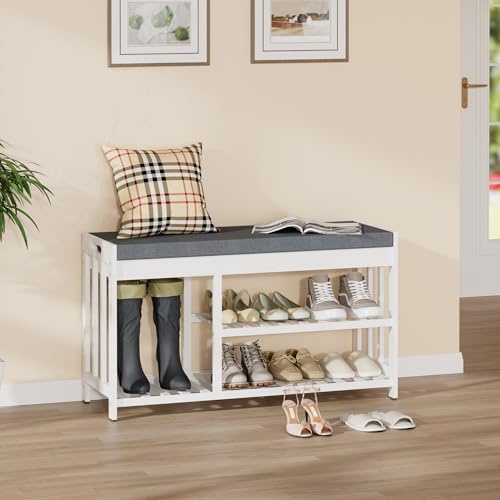 Shoe Rack Bench with Cushion,2 Tiers Shoe Bench with Flip-Top Storage,Wood Shoe Rack for Entryway, Hallway, Bedroom, Front Door Entrance (White) - color: White
