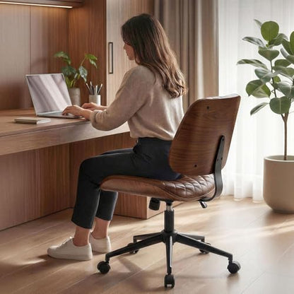Furnimart Armless Small Desk Chair with Wheels, 360° Swivel Faux Leather Vanity Chair for Bedroom, Compact Home Office Task Chair for Small Spaces, Heavy-Duty Wood Frame(PU Brown) - color: Faux Leather-brown