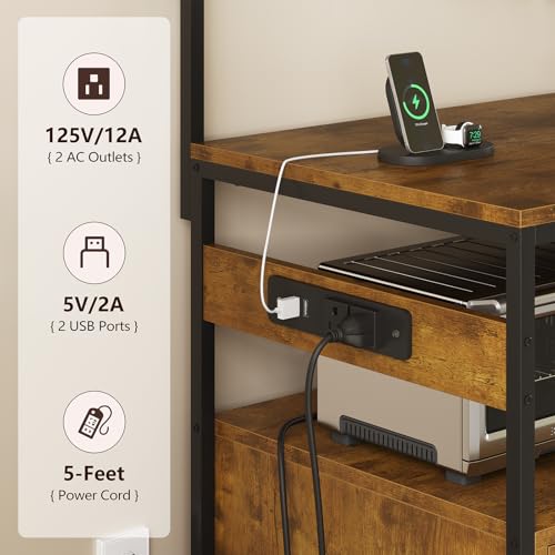 TVU Bakers Rack with Power Outlet and LED Light, Microwave Stand with Storage Cabinet, Coffee Bar Cabinet Station with 6 Hooks for Kitchen, Dining Room, Living Room, Coffee Bar, Rustic Brown, Black - color: Rustic Brown + Black