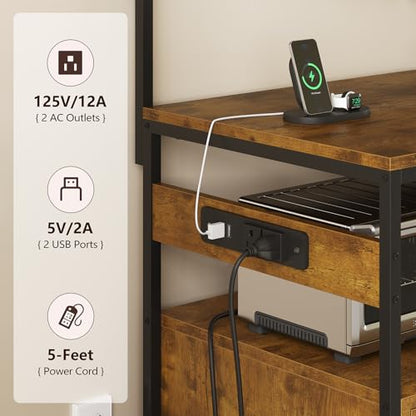 TVU Bakers Rack with Power Outlet and LED Light, Microwave Stand with Storage Cabinet, Coffee Bar Cabinet Station with 6 Hooks for Kitchen, Dining Room, Living Room, Coffee Bar, Rustic Brown, Black - color: Rustic Brown + Black