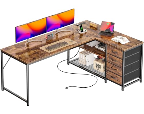PRAISUN 53" L Shaped Desk with Power Outlets & USB-C Port, Reversible Computer Corner Office Desk with 4 Fabric Drawers and 2 Storage Shelves, Large Desk for Gaming Writing Work Study, Rustic Brown - color: Rustic Brown, size: 53 Inch