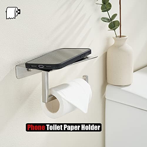 JQK Toilet Paper Holder Shelf, Bathroom Tissue Roll Holder with Phone Shelf, 5 Inch 304 Stainless Steel Tissue Paper Dispenser, Brushed Finished Wall Mount, TPH202-BN-T - color: Brushed