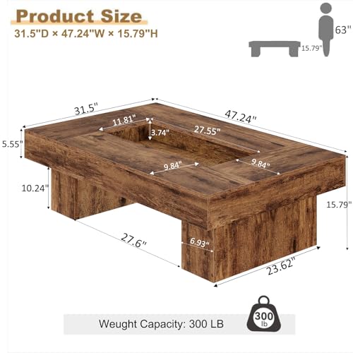 LVB Rustic Coffee Table, Large Wood Living Room Table with Storage, Modern Long Rectangle Led Center Table, Farmhouse Unique Low Wide Tea Table with LED Light for Home Office, 47.24 in, Rustic Brown - color: Rustic Brown